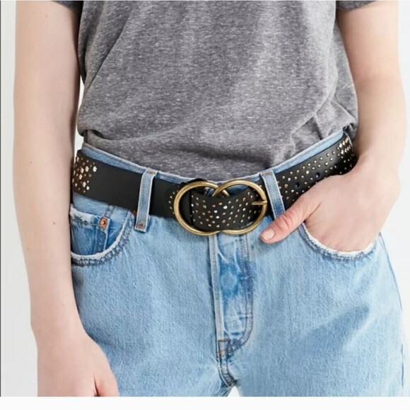 Urban outfitters Studded Double O-Ring Gold Silver Leather Black Belt - size S - Picture 5 of 12